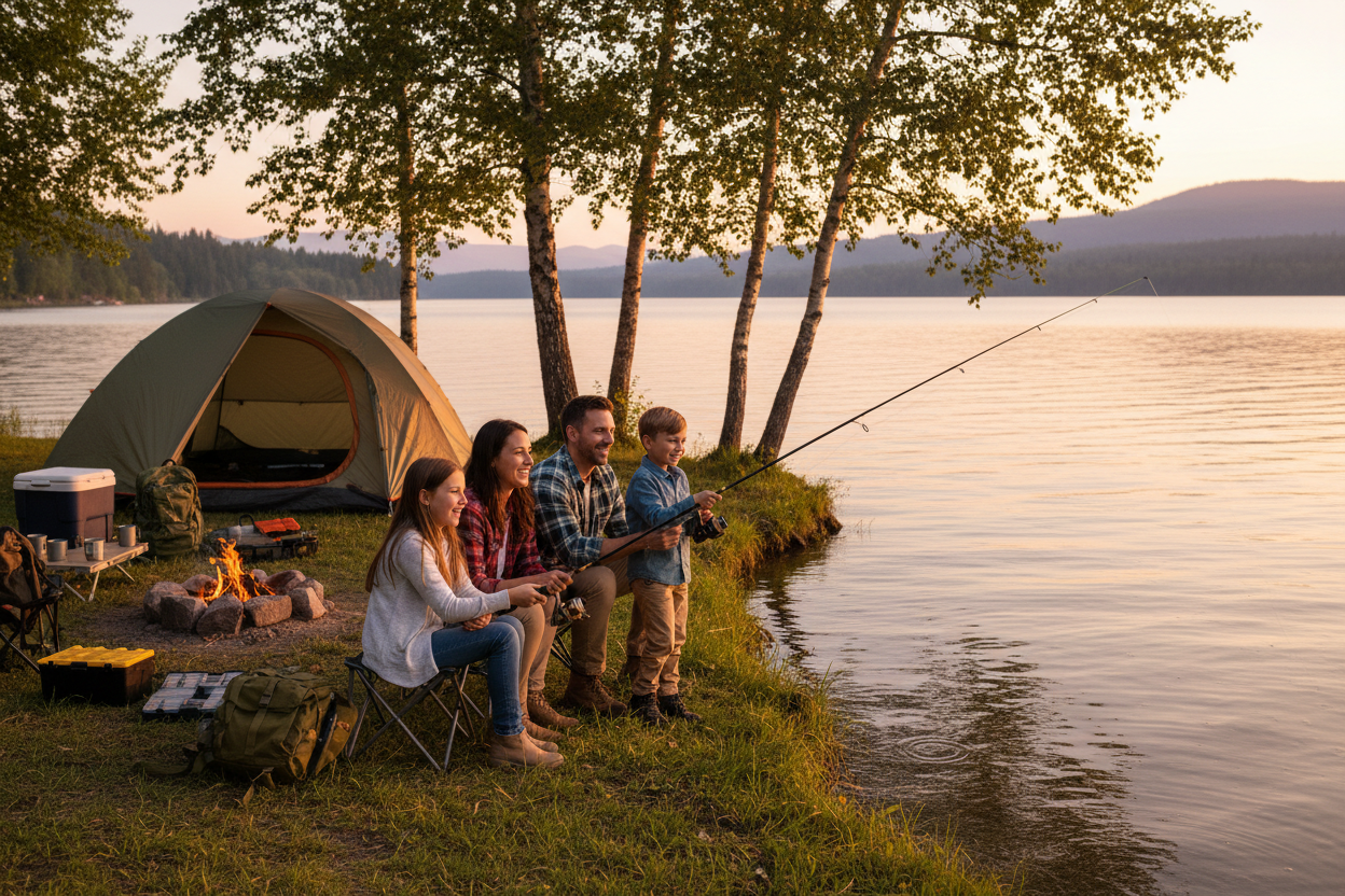 Family fishing and camping